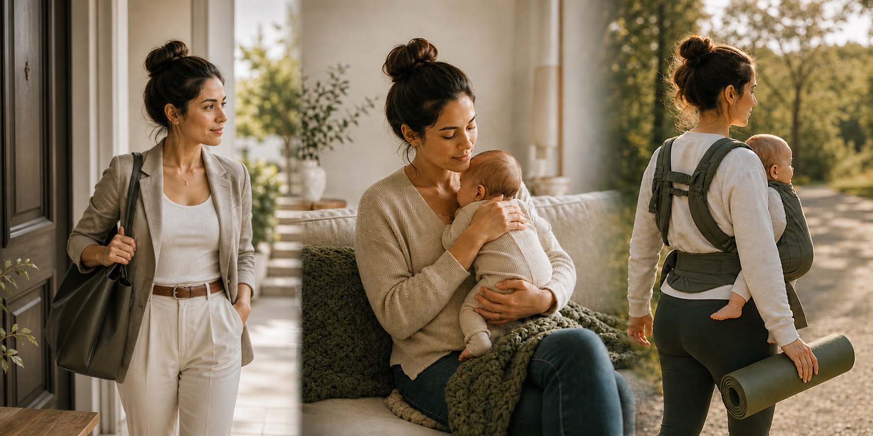 The same woman before motherhood, holding her newborn during early motherhood, and later walking confidently with her baby in a carrier